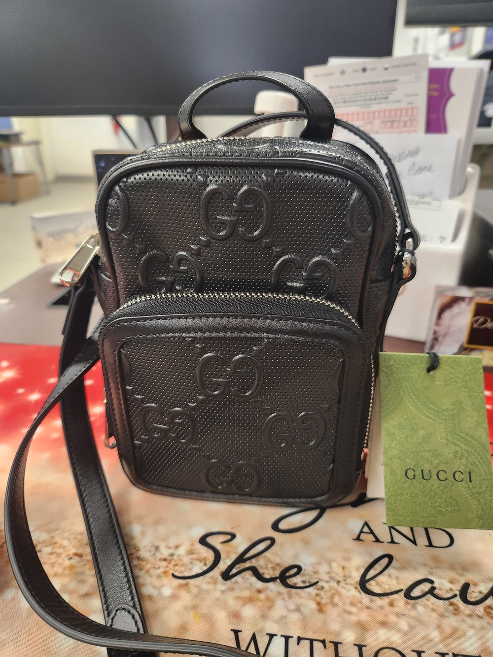 Gucci Black Embossed GG Belt Bag with Top Handle